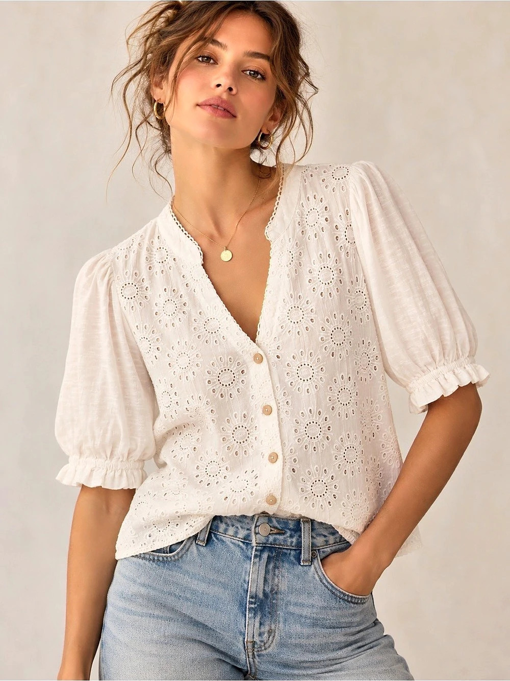 Anthropologie Porridge Eyelet Top in White with Puff Sleeves Size S